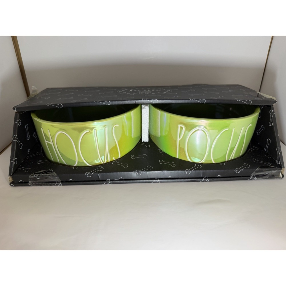 Rae Dunn "HOCUS POCUS" Green Iridescent Dog/Cat 6" Bowl Set! New In Box!